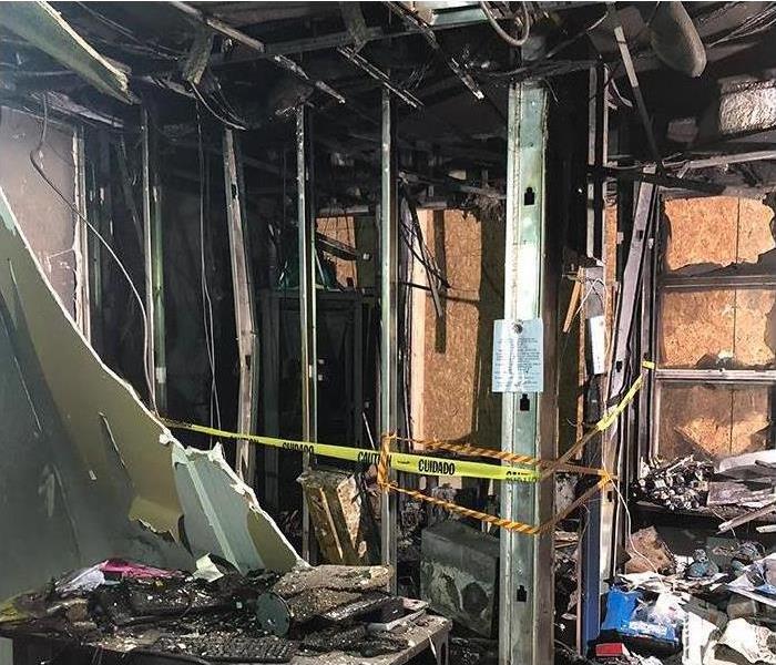 fire damaged office with extensive smoke and soot damages