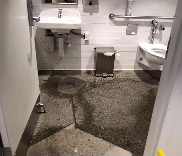 commercial bathroom during sewage backup and water damage
